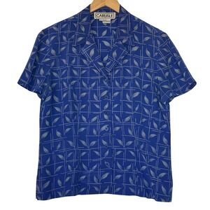 Vtg Carlisle 100% Silk Blue Leaf Print Button‎ Front Short Sleeve Blouse Size 6